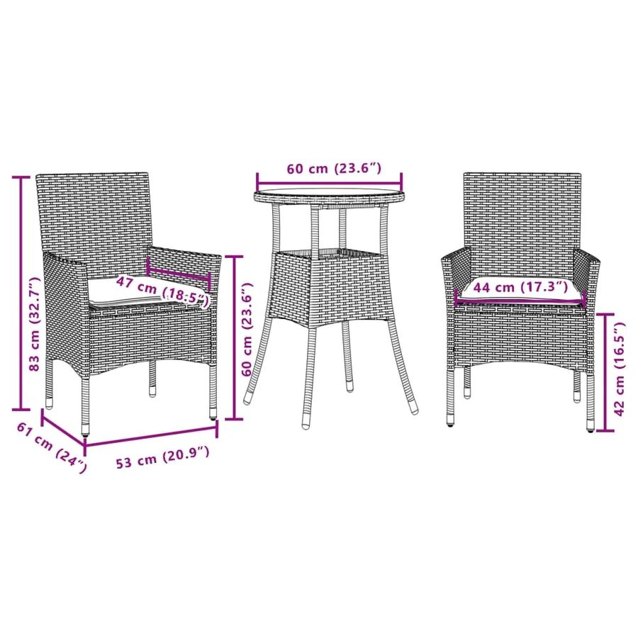 Ensemble à manger de jardin et coussins 3pcs marron rotin verre - 7