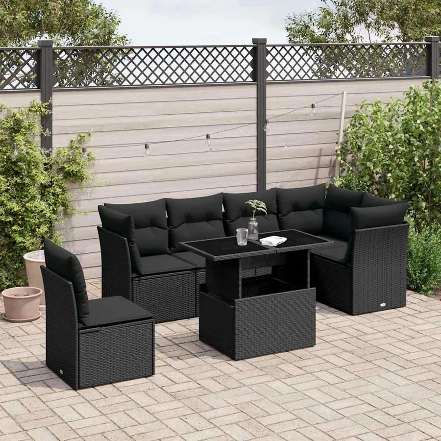 Salon de jardin 7 pcs avec coussins noir résine tressée 62 x 62 x 69 cm - 64,2 kg