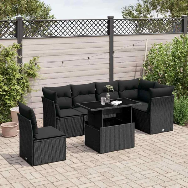 Salon de jardin 7 pcs avec coussins noir résine tressée 62 x 62 x 69 cm - 64,2 kg