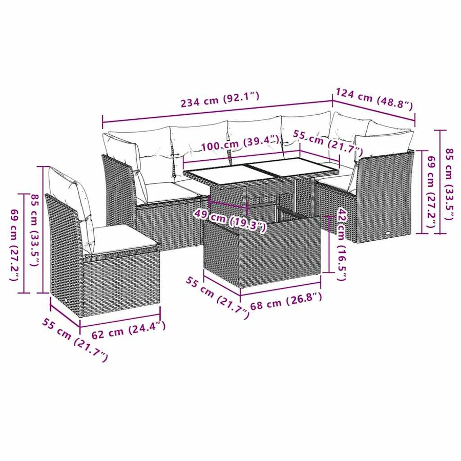 Salon de jardin 7 pcs avec coussins noir résine tressée 62 x 62 x 69 cm - 64,2 kg - 9