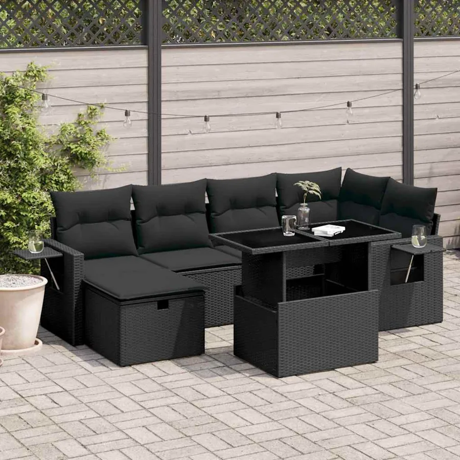 Salon de jardin 7 pcs avec coussins noir résine tressée 62 x 62 x 69 cm - 65,8 kg