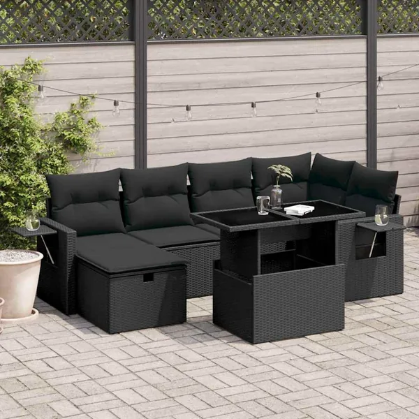 Salon de jardin 7 pcs avec coussins noir résine tressée 62 x 62 x 69 cm - 65,8 kg