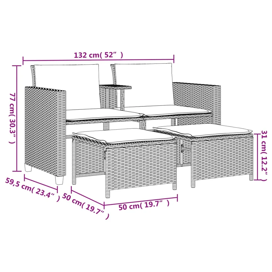 Canapé de jardin 2 places avec table tabourets gris clair rotin - 11