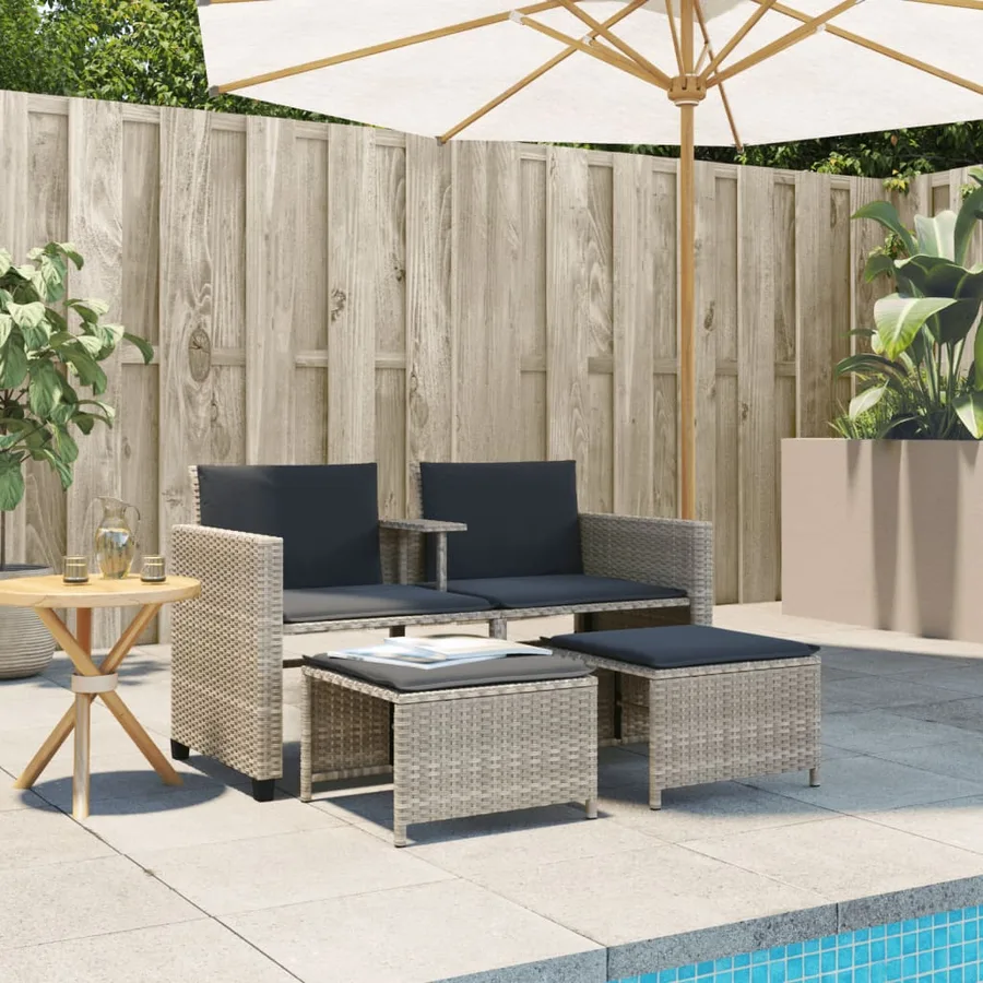 Canapé de jardin 2 places avec table tabourets gris clair rotin - 3