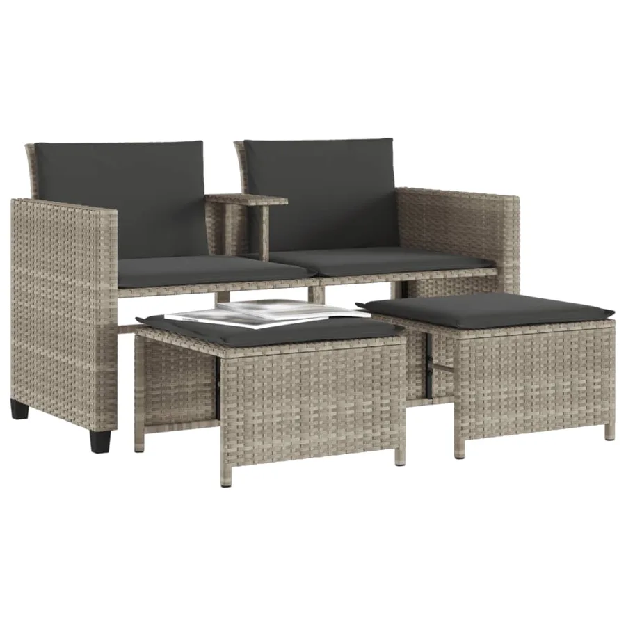 Canapé de jardin 2 places avec table tabourets gris clair rotin - 4