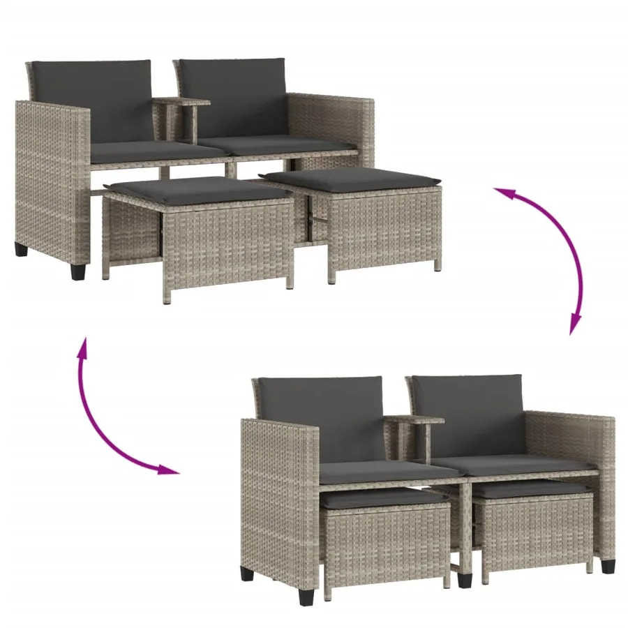 Canapé de jardin 2 places avec table tabourets gris clair rotin - 8