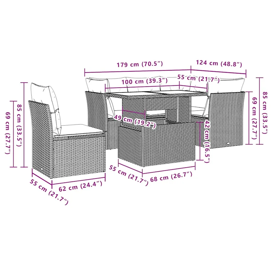 Salon de jardin 6 pcs avec coussins noir résine tressée - 9