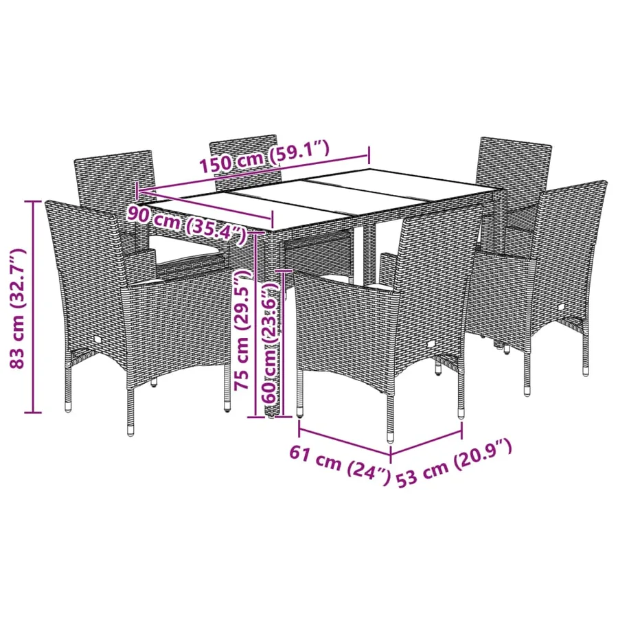 Ensemble à manger de jardin et coussins 7 pcs noir rotin acacia - 7