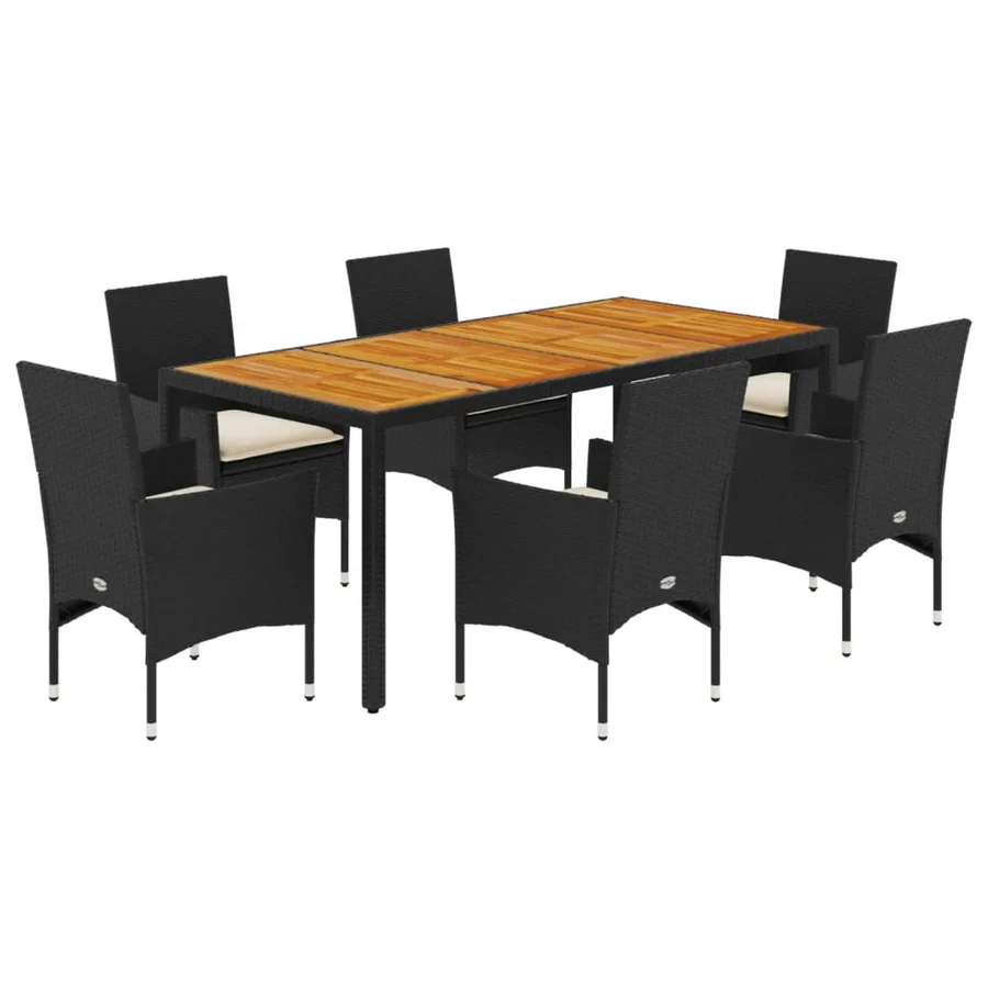 Ensemble à manger de jardin et coussins 7pcs noir rotin acacia - 2