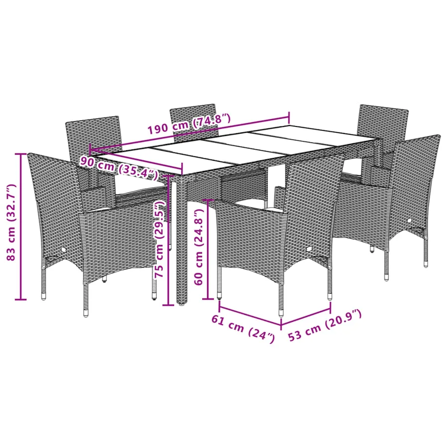 Ensemble à manger de jardin et coussins 7pcs noir rotin acacia - 7