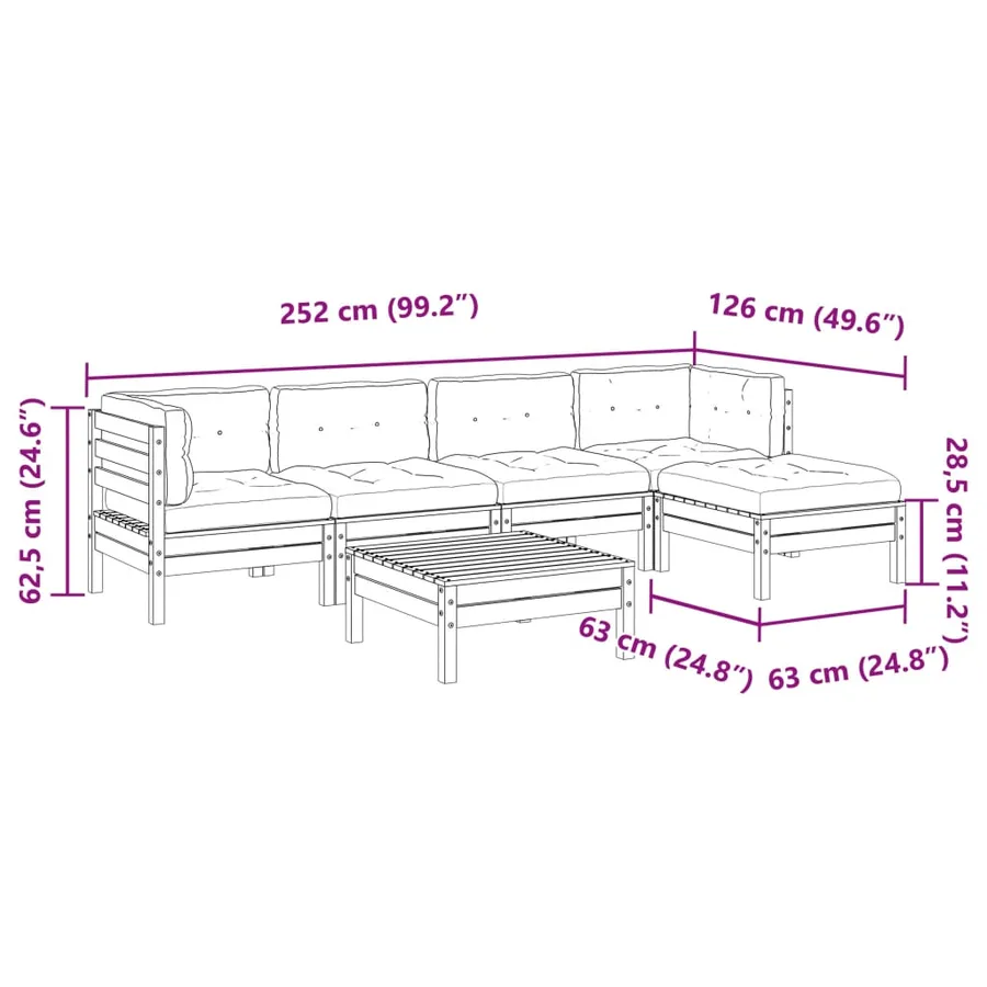 Salon de jardin 6 pcs avec coussins bois de pin imprégné - 14
