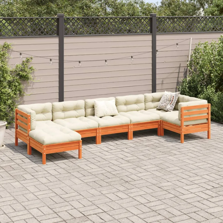 Salon de jardin 7 pcs avec coussins cire marron bois pin massif - 3