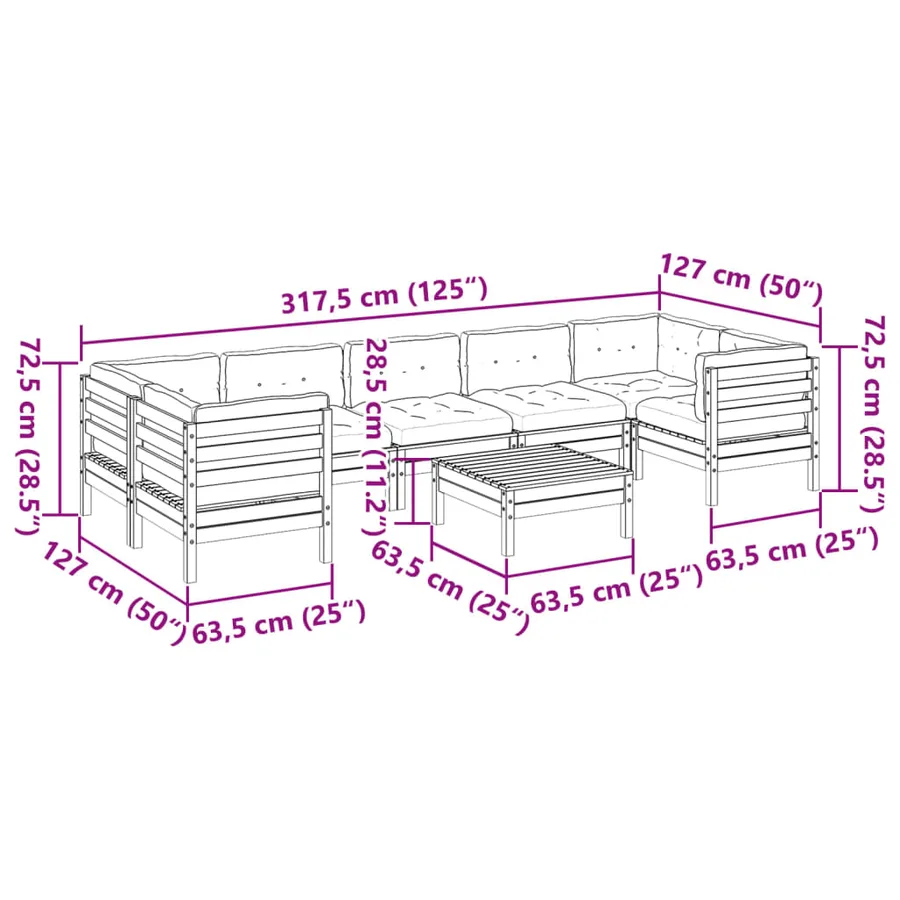 Salon de jardin 8 pcs avec coussins bois de pin imprégné - 12