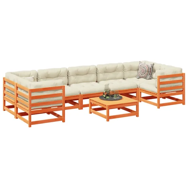 Salon de jardin 8 pcs avec coussins marron cire bois pin massif