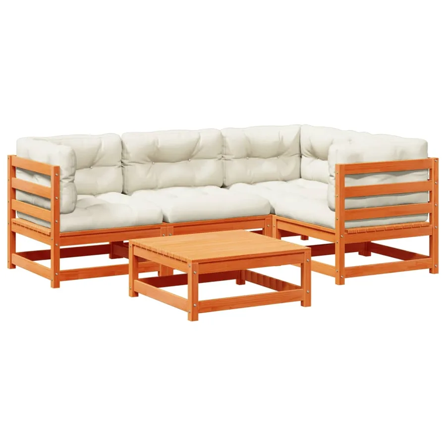 Salon de jardin 5 pcs avec coussins cire marron bois pin massif - 2