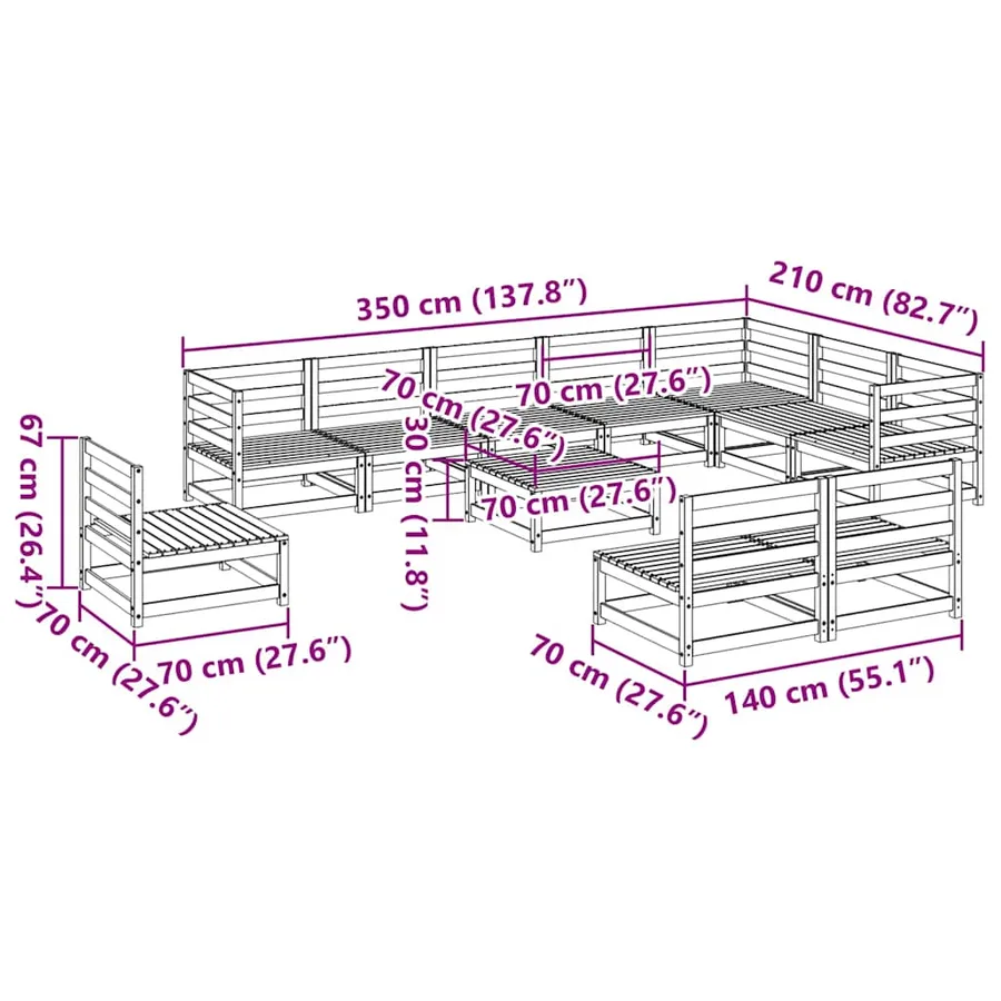 Salon de jardin 11 pcs bois de pin massif - 11