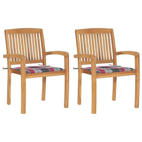 Chaises de jardin lot de 2 avec coussins à carreaux rouges Teck