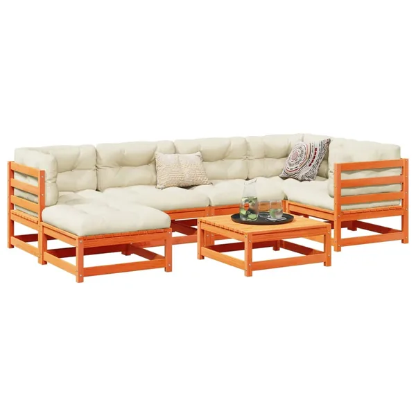 Salon de jardin 7 pcs avec coussins cire marron bois pin massif