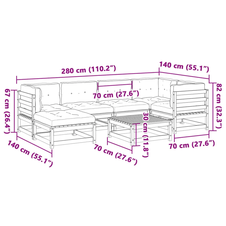 Salon de jardin 7 pcs avec coussins cire marron bois pin massif - 14