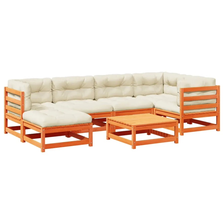 Salon de jardin 7 pcs avec coussins cire marron bois pin massif - 2