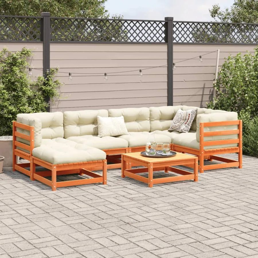 Salon de jardin 7 pcs avec coussins cire marron bois pin massif - 3