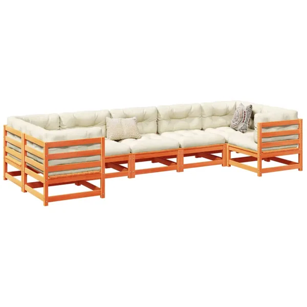 Salon de jardin 7 pcs avec coussins cire marron bois pin massif