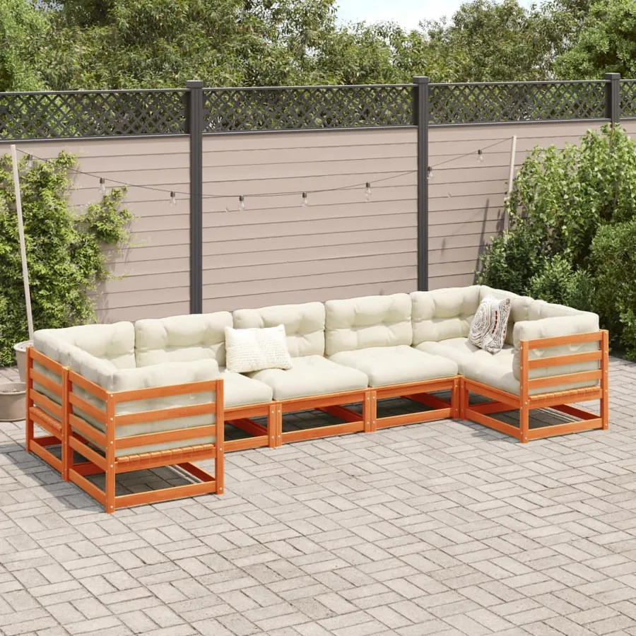 Salon de jardin 7 pcs avec coussins cire marron bois pin massif - 3