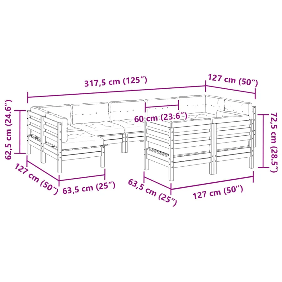 Salon de jardin 9 pcs avec coussins marron cire bois pin massif - 10