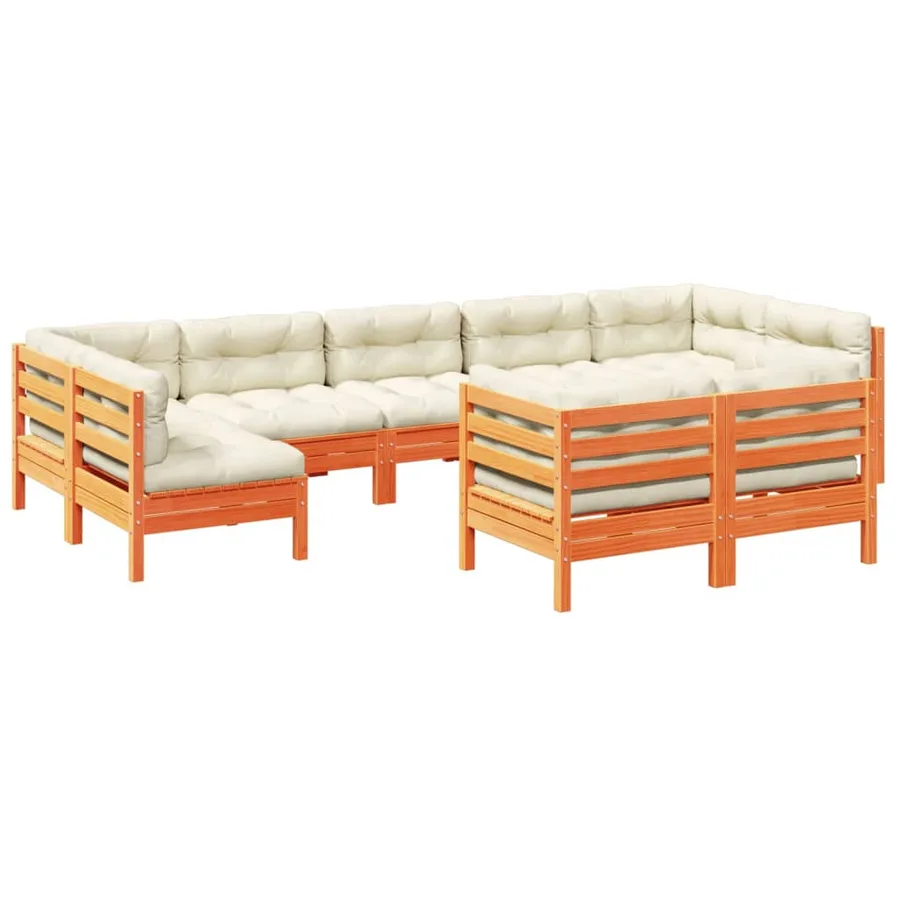 Salon de jardin 9 pcs avec coussins marron cire bois pin massif - 2