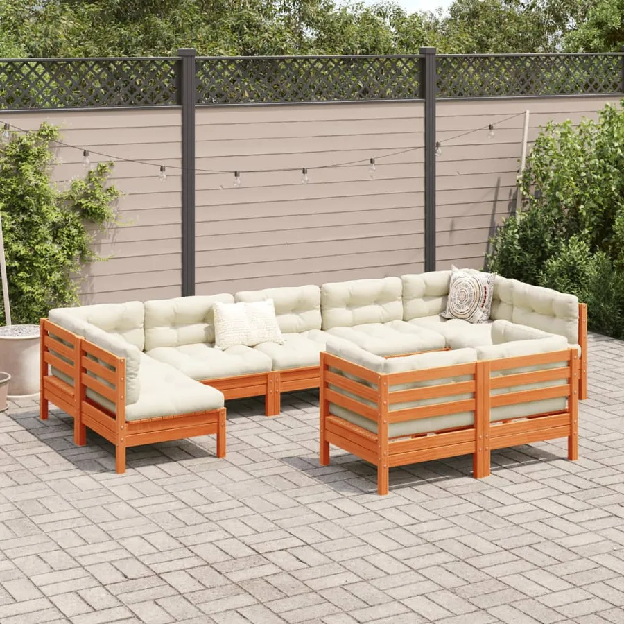 Salon de jardin 9 pcs avec coussins marron cire bois pin massif - 3