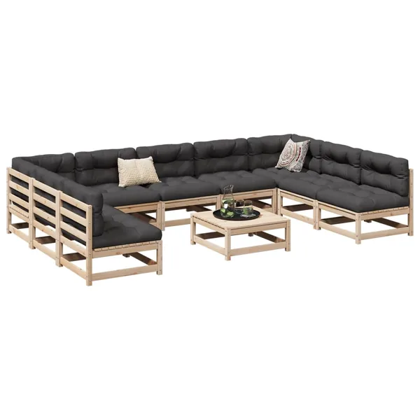 Salon de jardin 10 pcs avec coussins bois de pin massif