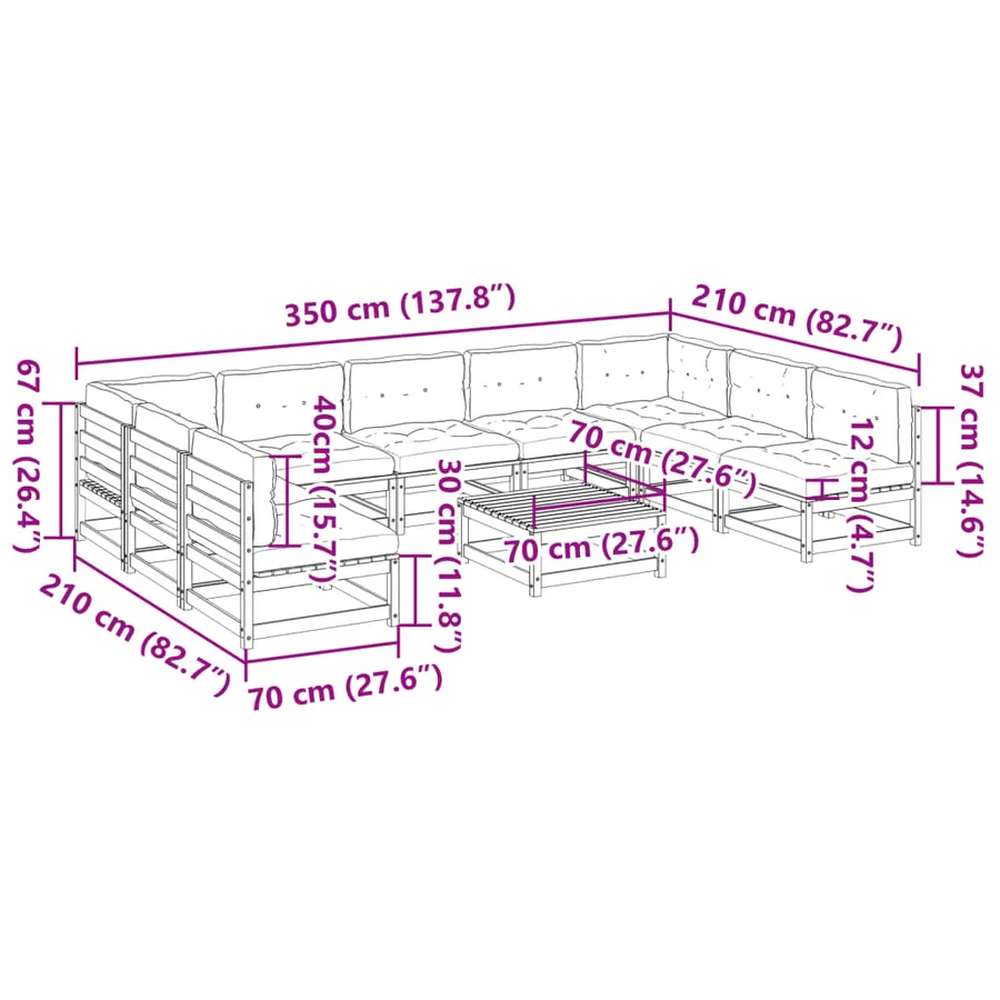 Salon de jardin 10 pcs avec coussins bois de pin massif - 14