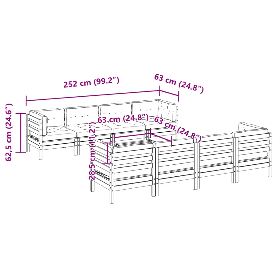 Salon de jardin 9 pcs avec coussins marron cire bois pin massif - 12