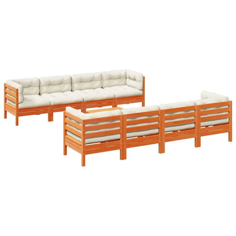 Salon de jardin 9 pcs avec coussins marron cire bois pin massif - 2