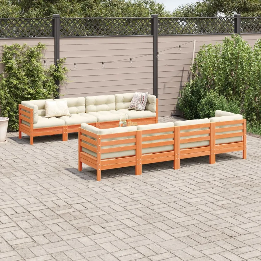 Salon de jardin 9 pcs avec coussins marron cire bois pin massif - 3