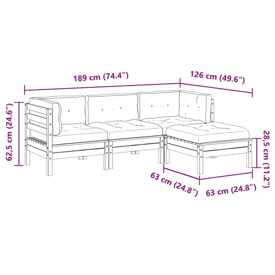 Salon de jardin 4 pcs avec coussins bois de pin imprégné - 12