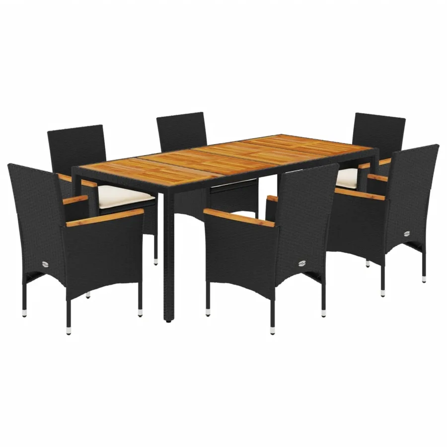 Ensemble à manger de jardin et coussins 7pcs noir rotin acacia - 2