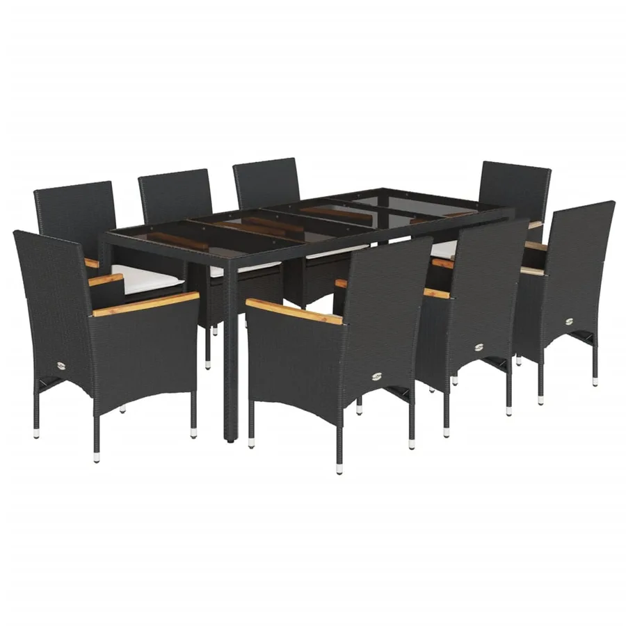 Ensemble à manger de jardin et coussins 9 pcs noir rotin verre - 2
