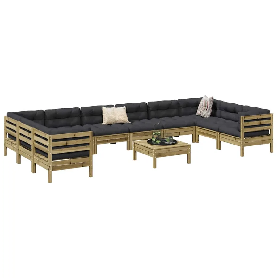 Salon de jardin avec coussins 11 pcs bois de pin imprégné
