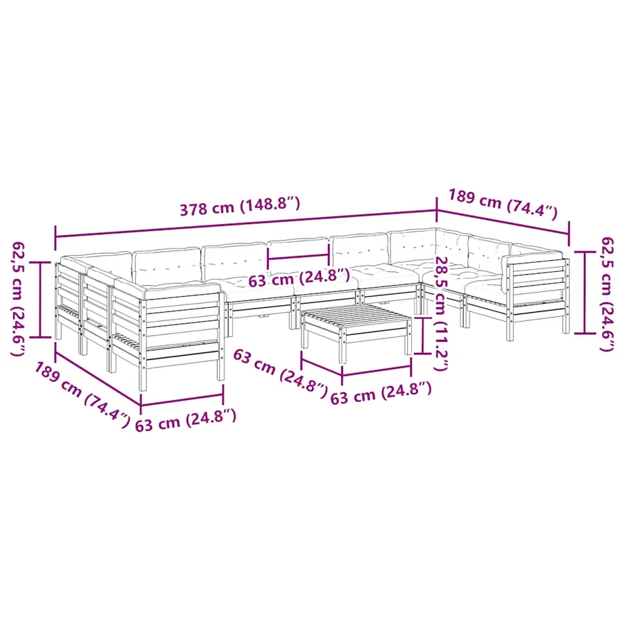 Salon de jardin avec coussins 11 pcs bois de pin imprégné - 12