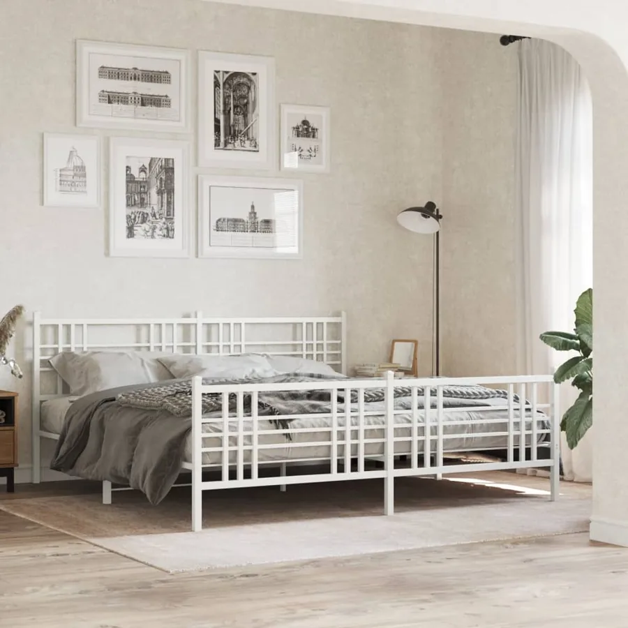 Cadre de lit métal sans matelas et pied de lit blanc 180x200 cm