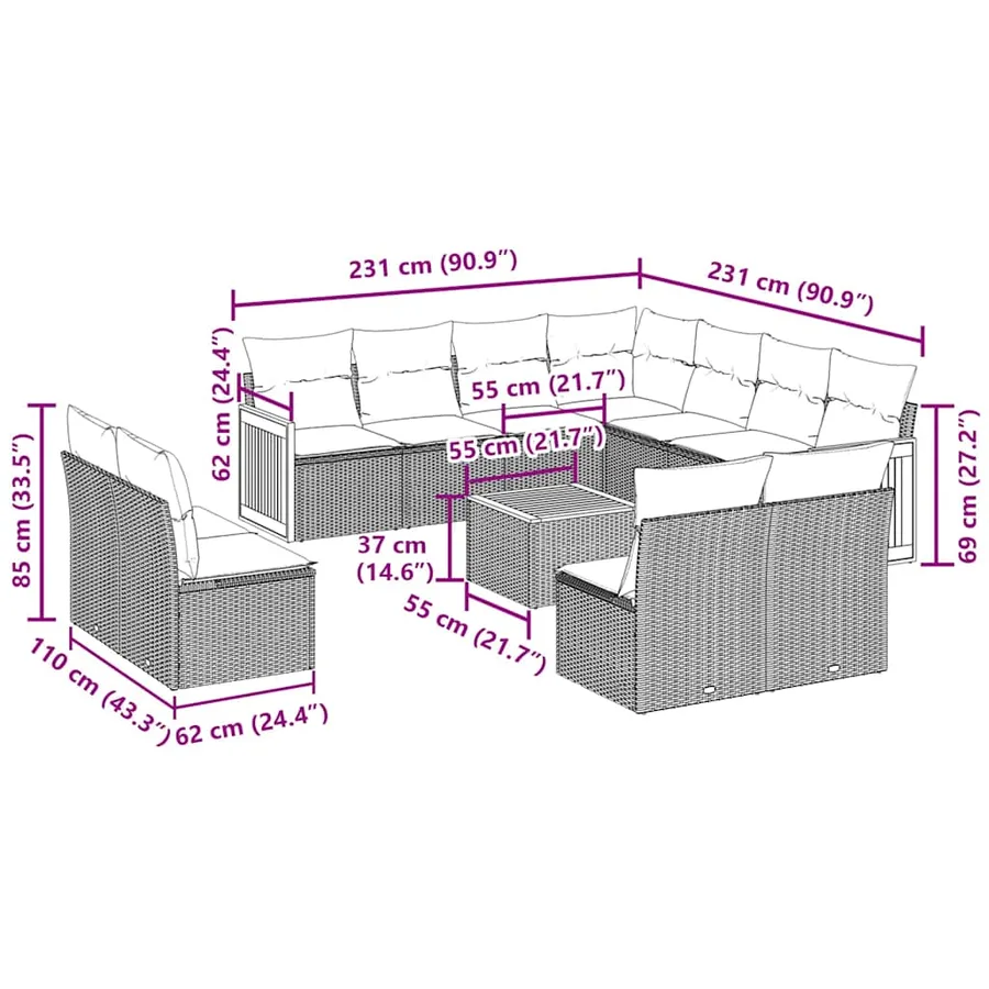 Salon de jardin 12 pcs avec coussins noir résine tressée - 3
