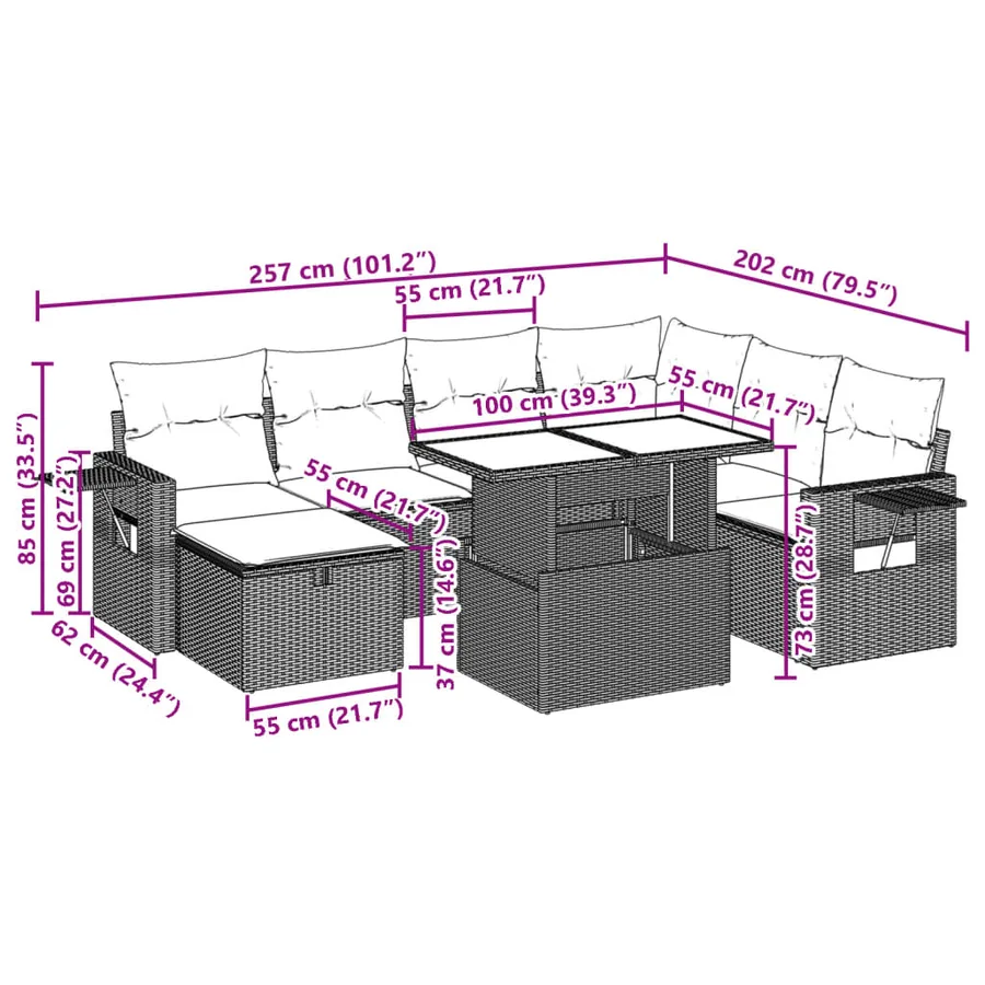 Salon de jardin 8 pcs avec coussins noir résine tressée - 14