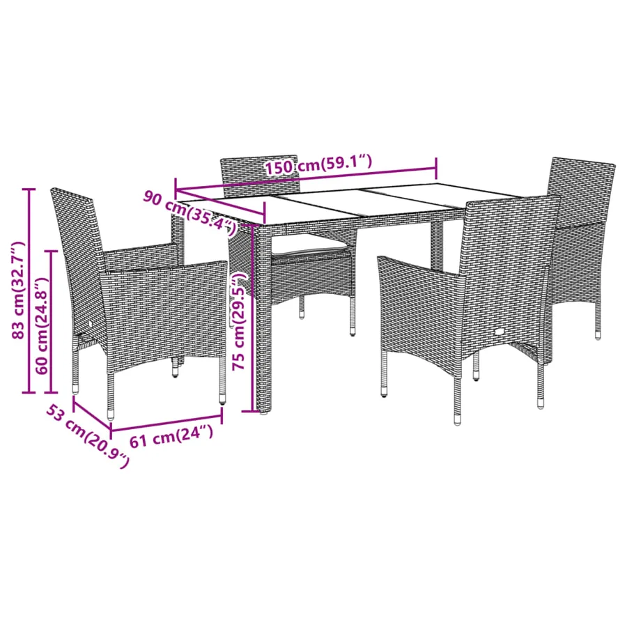Ensemble à manger de jardin et coussins 5 pcs noir rotin acacia - 7