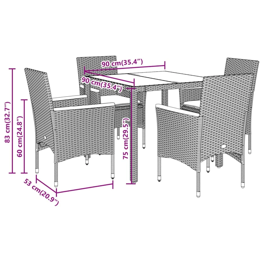 Ensemble à manger de jardin et coussins 5 pcs gris rotin verre - 7