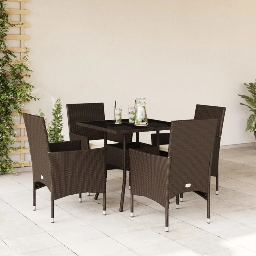 Ensemble à manger de jardin et coussins 5pcs marron rotin verre