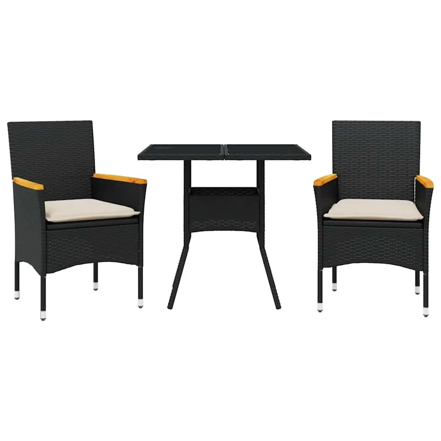 Ensemble à manger de jardin et coussins 3 pcs noir rotin verre - 2