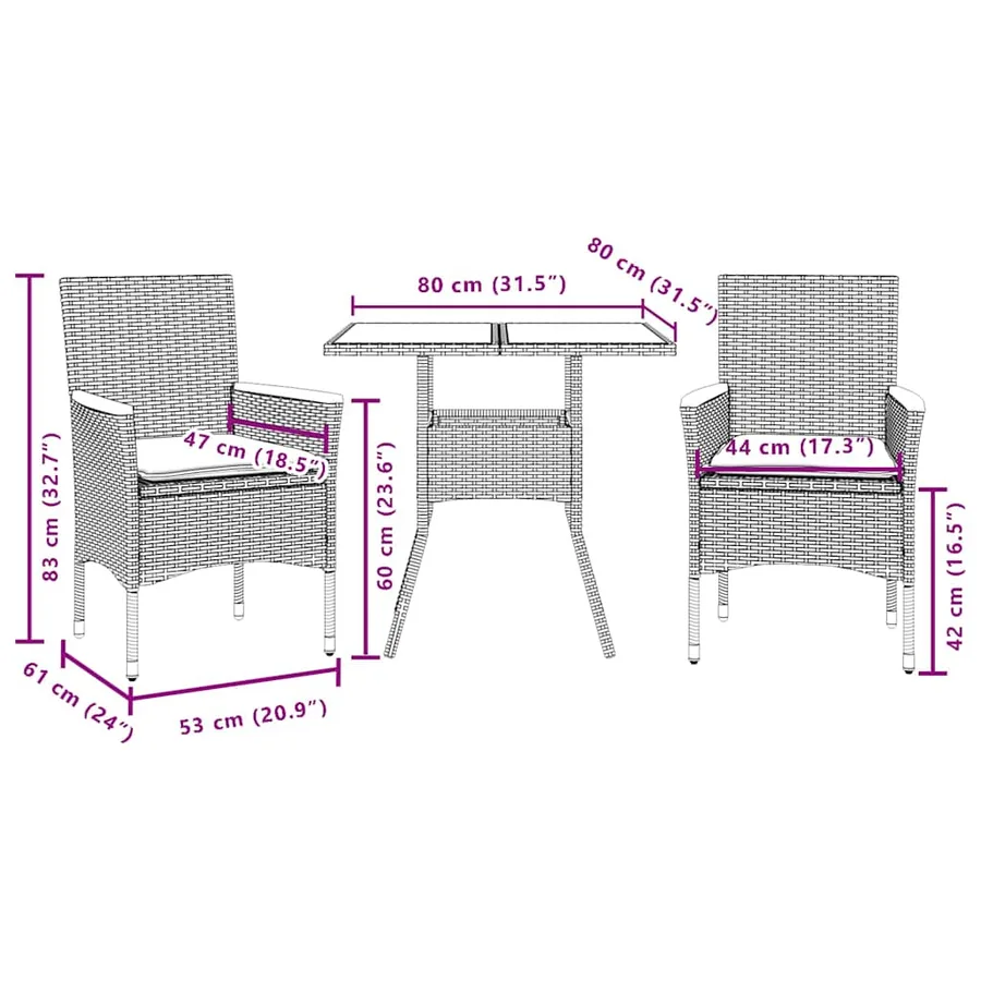 Ensemble à manger de jardin et coussins 3 pcs noir rotin verre - 7