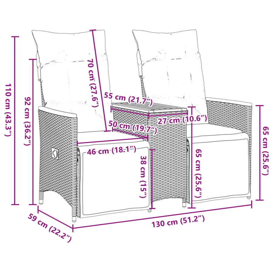 Canapé de jardin inclinable 2 places avec table gris poly rotin - 10
