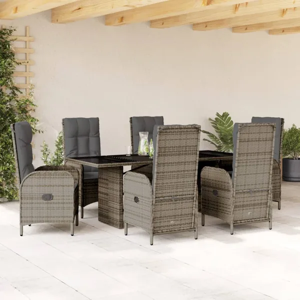 Ensemble à manger de jardin et coussins 7 pcs gris rotin